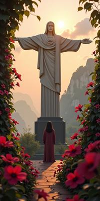 art by Roni Horn and Hans Memling and John Larriva and Claude Melan , photograph, mundane, shot from behind of a Honest Atmospheric Burgundy and Blush Belle poque Christ the Redeemer