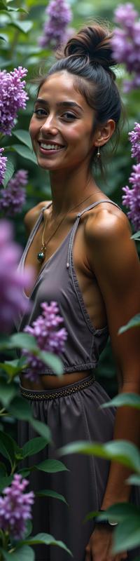 photograph, dense blossoms with Lilac, highly decorated, knee level shot of a Charismatic Underwater athletic Chilean Sister