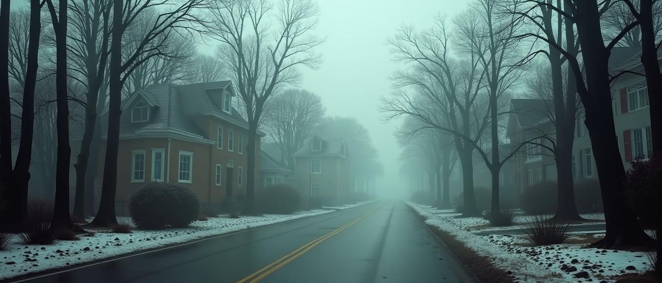 by Joachim Brohm and Ben Templesmith and John Sloane , photograph, surreal, landscape of a Smog Covered Streets from inside of a Museum
