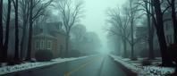 by Joachim Brohm and Ben Templesmith and John Sloane , photograph, surreal, landscape of a Smog Covered Streets from inside of a Museum