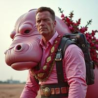 by Emek Golan and Peter Howson , photograph, Shameful, zoomed out of a Bridal Large morbidly obese traditional German Arnold Schwarzenegger Whale hybrid