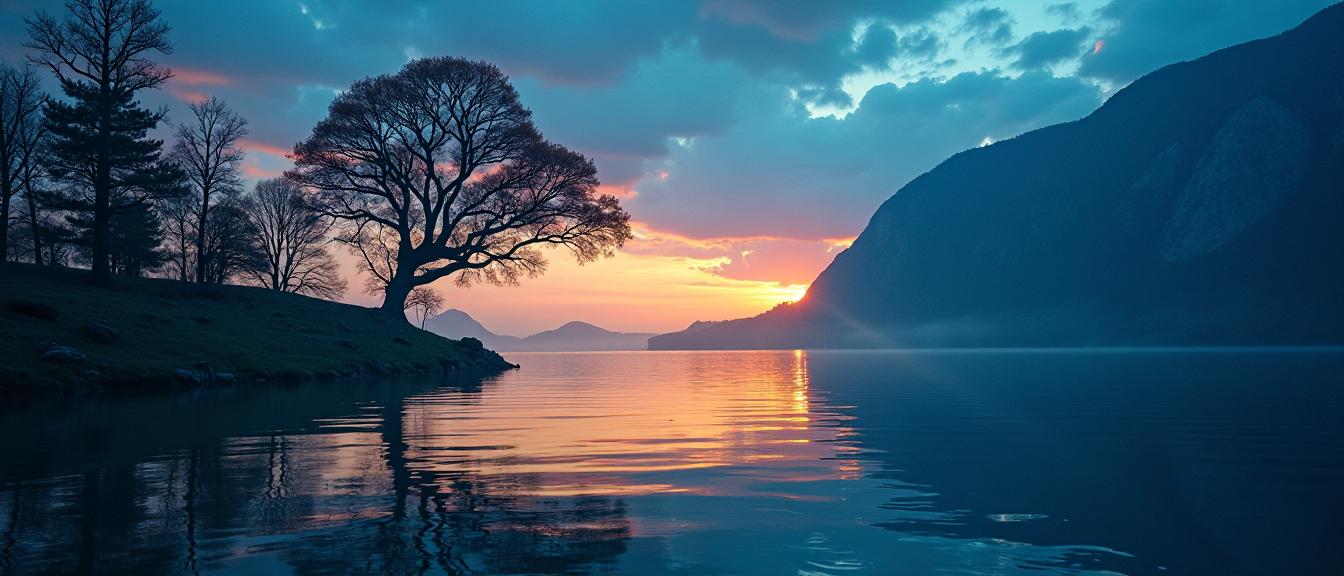photograph, desolate water with Magnolia tree, expressive brush strokes, overhead angle of a Blue Illuminated Sasquatch
