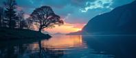 photograph, desolate water with Magnolia tree, expressive brush strokes, overhead angle of a Blue Illuminated Sasquatch
