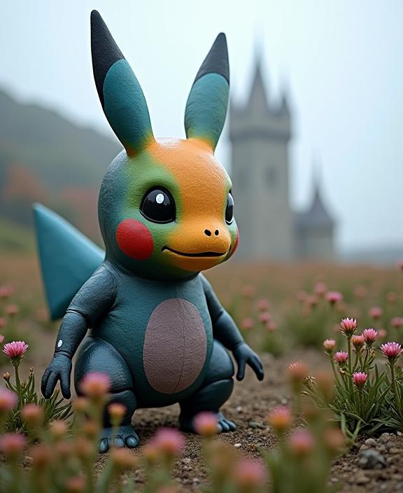 photograph, Body painting performance, view of a Conceptual Art Narrow Valiant Pok mon with dark rainbow details, High fashion Castle in background