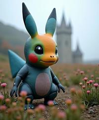photograph, Body painting performance, view of a Conceptual Art Narrow Valiant Pok mon with dark rainbow details, High fashion Castle in background