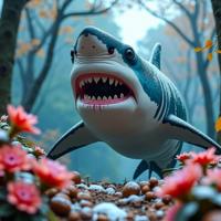 art by Al Capp , photograph, surreal, shot from behind of a Kawaii Paranoid Great White Shark of Abundance
