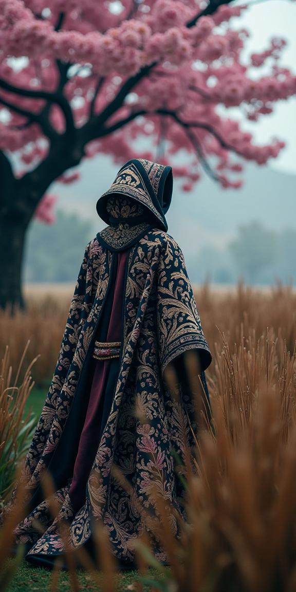photograph, intricate details, knee level shot of a Taish Era Magic cloak , it is very Layered and Beautiful