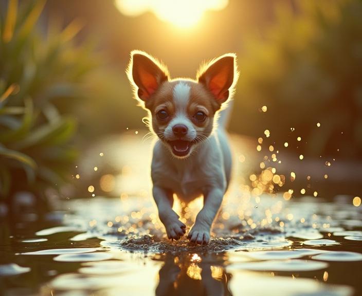 designed by Jeff Lemire and Kai Fjell and Alessandro Allori , photograph, elegant, shot from behind of a Morbid Warlike Chihuahua Puppy Running at a Shoal
