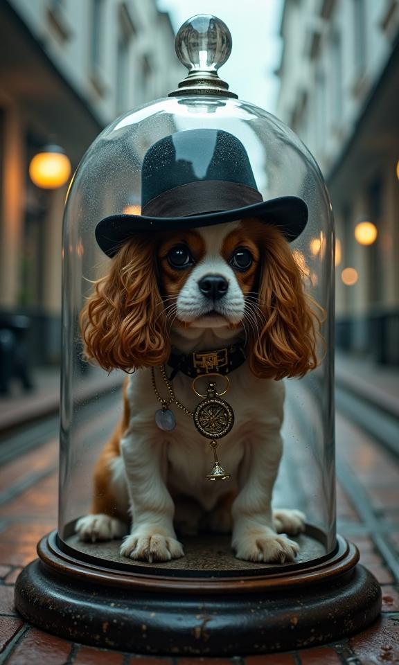 photograph, Clockpunk, intricate background, over the shoulder shot of a Feral Respected zebra print portly Baroque Cavalier King Charles Spaniel Puppy Sorcerer
