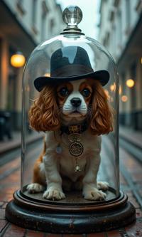 photograph, Clockpunk, intricate background, over the shoulder shot of a Feral Respected zebra print portly Baroque Cavalier King Charles Spaniel Puppy Sorcerer