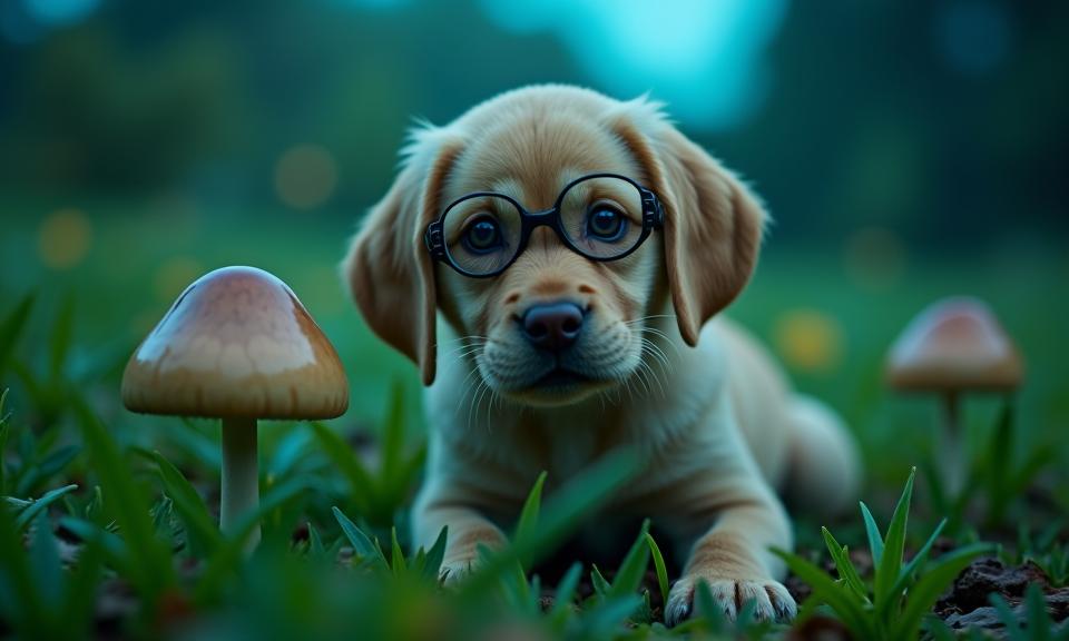 Jurassic Park universe, photograph, cozy, angle from above of a Labrador Retriever Puppy of Victory wearing an opaque glasses
