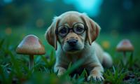 Jurassic Park universe, photograph, cozy, angle from above of a Labrador Retriever Puppy of Victory wearing an opaque glasses