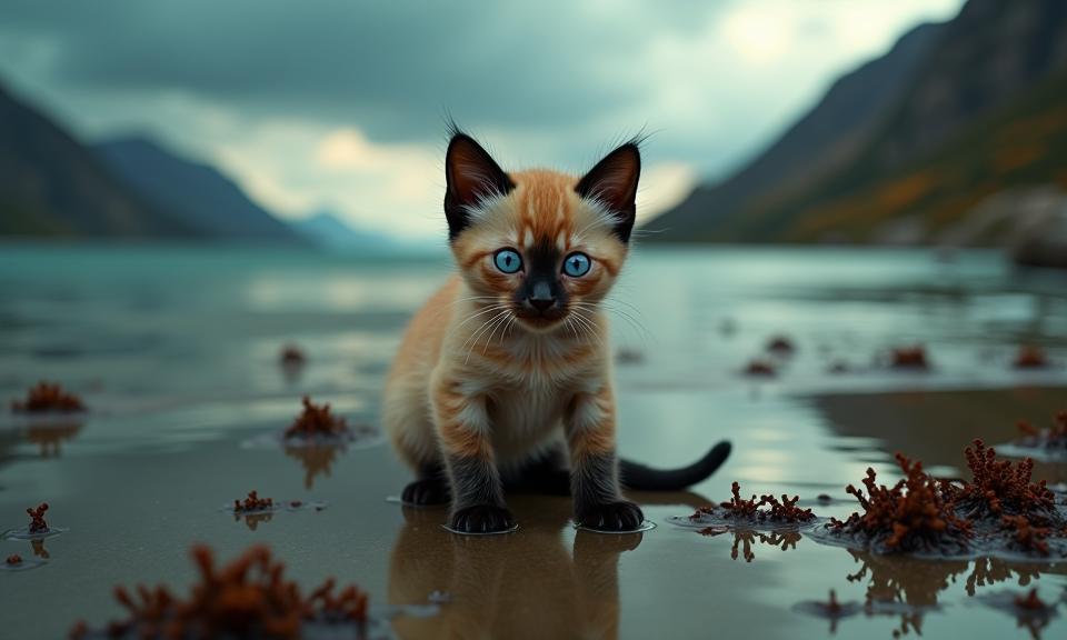 Mad Max universe, photograph, Dark, knee level shot of a Indigo and Peach Ragdoll Kitten