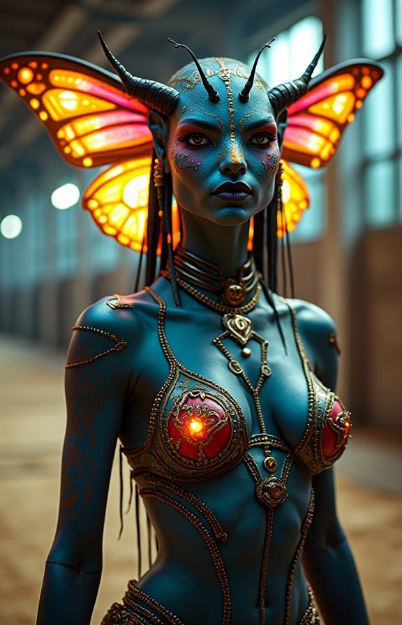 Avatar universe, photograph, elegant, professionally shot of a Brutal Magical Moth of Lust with DayGlo elegant outfit