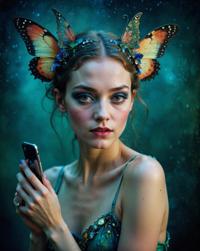 Large female faerie, foolish expression, spotted skin, cellphone in hand