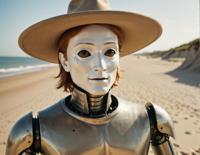 Ethereal magical atmosphere, close up shot, traditional British style, male robot Potter