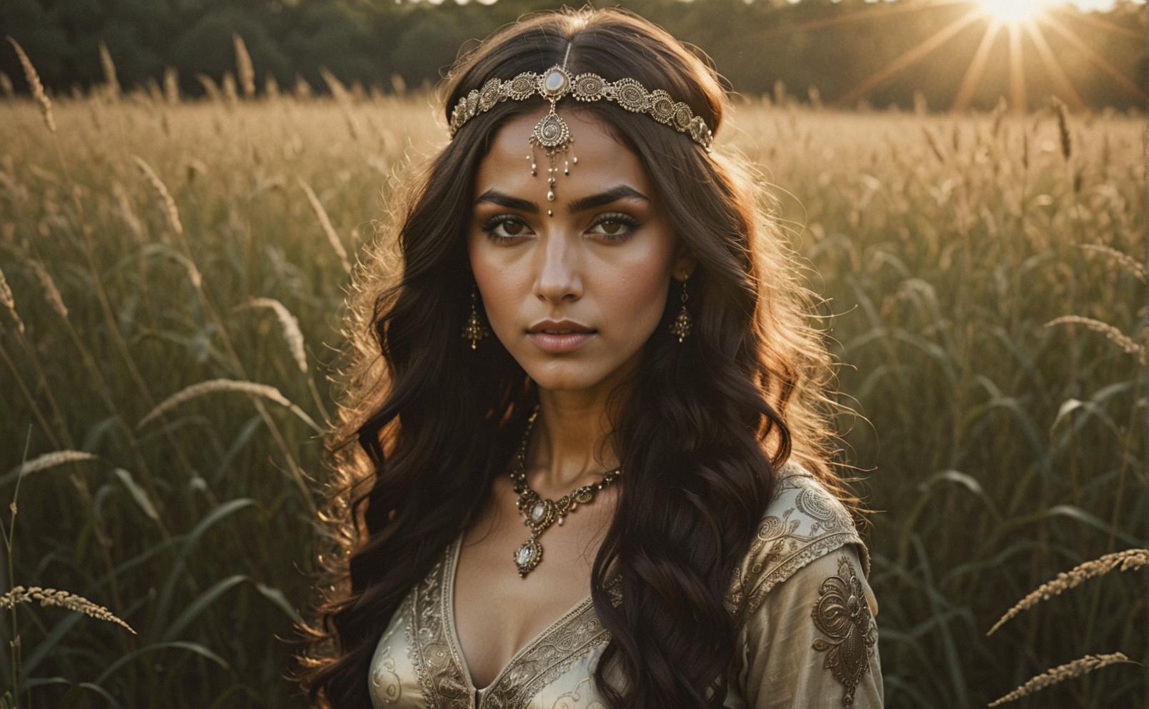 Ethereal female Djinn, elegant eclectic style, Godfather inspired character, sunset atmosphere