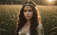 Ethereal female Djinn, elegant eclectic style, Godfather inspired character, sunset atmosphere