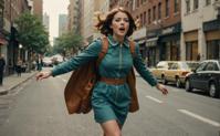 Vintage aesthetic, gritty texture, woman in s mod dress, jetpack on her back