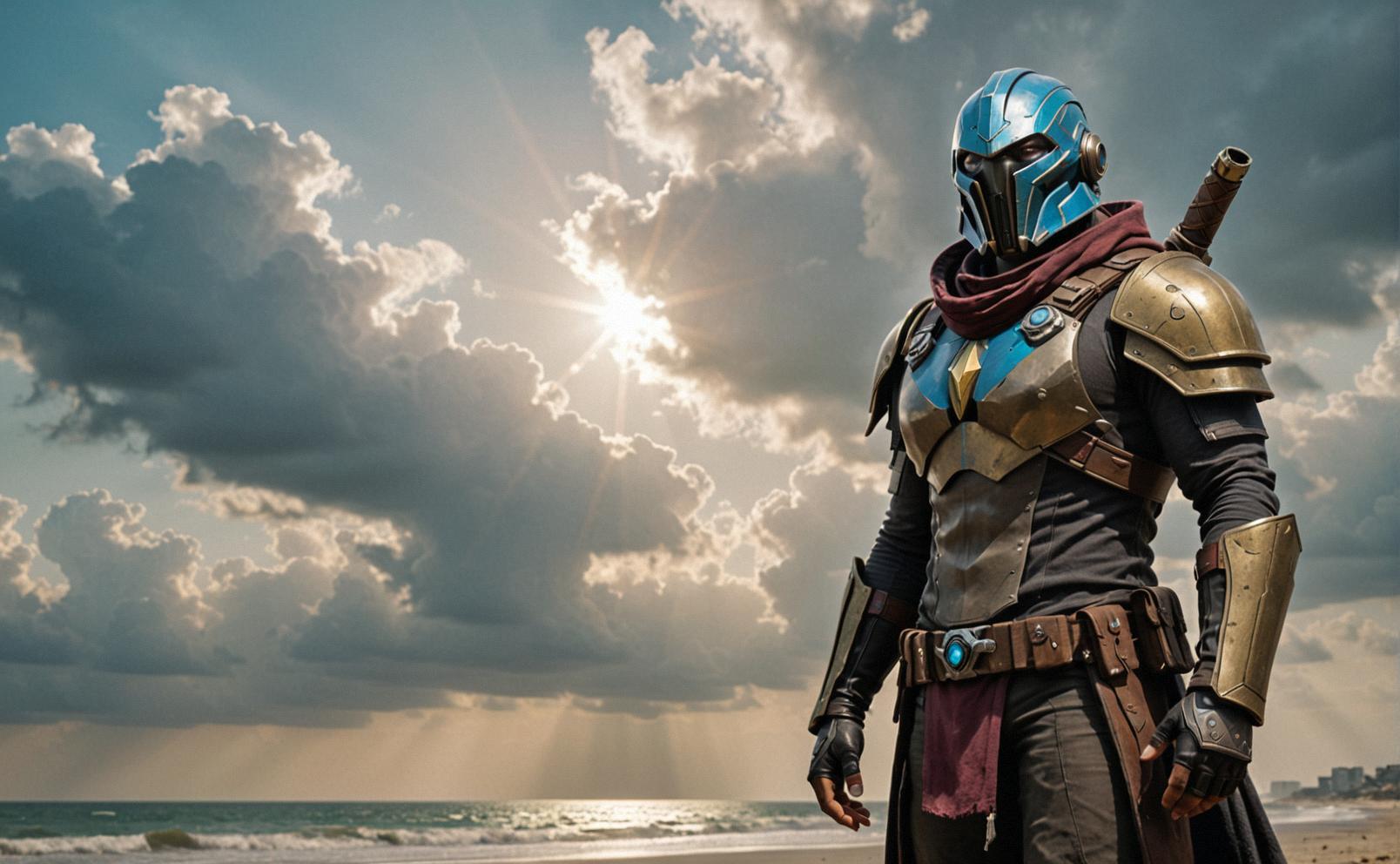 Dense beach, tall punk Aasimar male with angelic features, cosplaying as Cayde from Destiny, emotional regretful expression