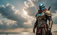 Dense beach, tall punk Aasimar male with angelic features, cosplaying as Cayde from Destiny, emotional regretful expression