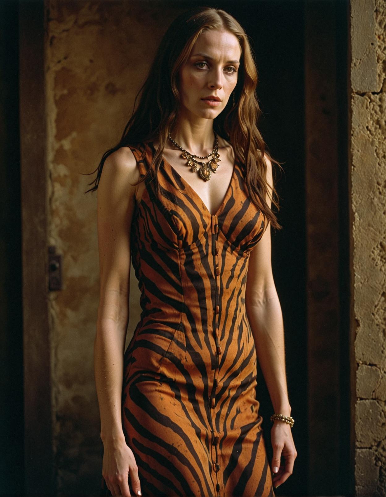 Regency era female Bene Gesserit, dirty and disheveled, zebra print sheath dress, shabby pumps