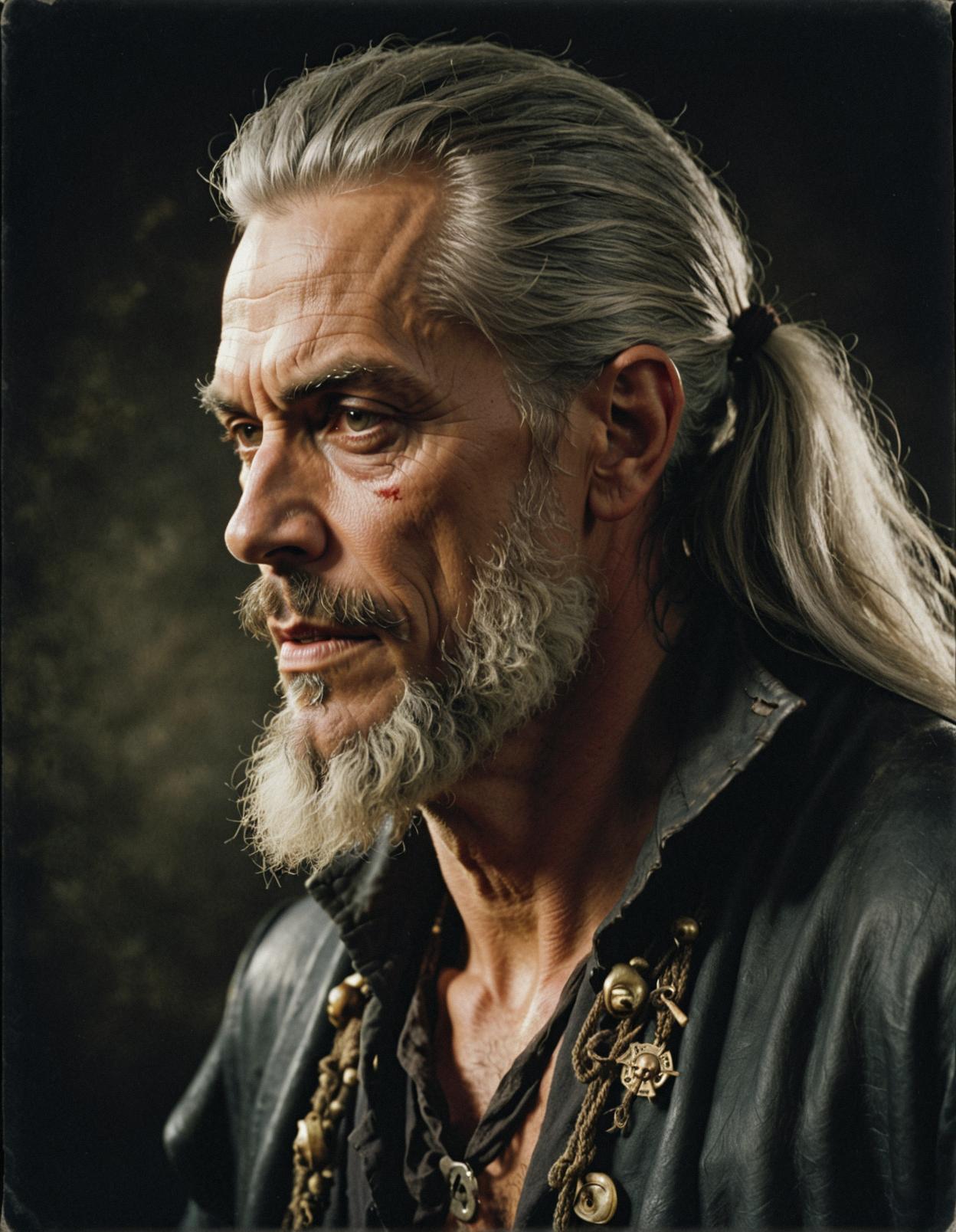 Pirate male lycanthrope, side profile, gray hair, one piece style