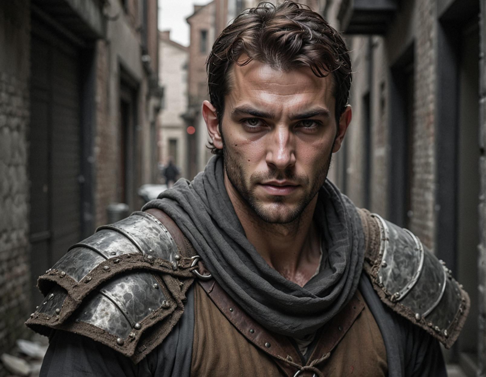 Dark alleys, brooding male figure, rugged Templar armor, Tiefling features