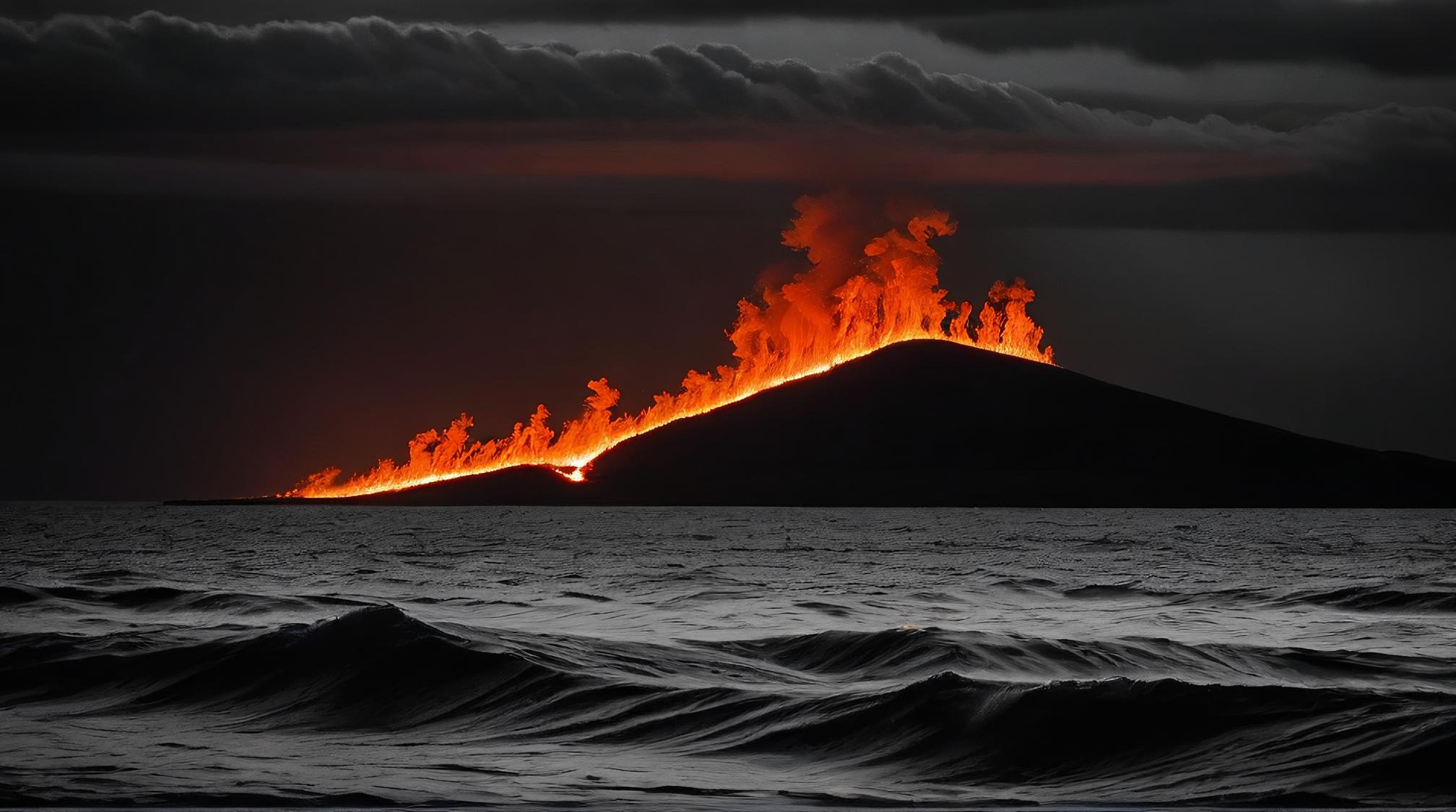art by Chris Friel, landscape of a Flaming Mid Ocean Ridge Alvar Plain , Dramatic spotlight, Ambrotype