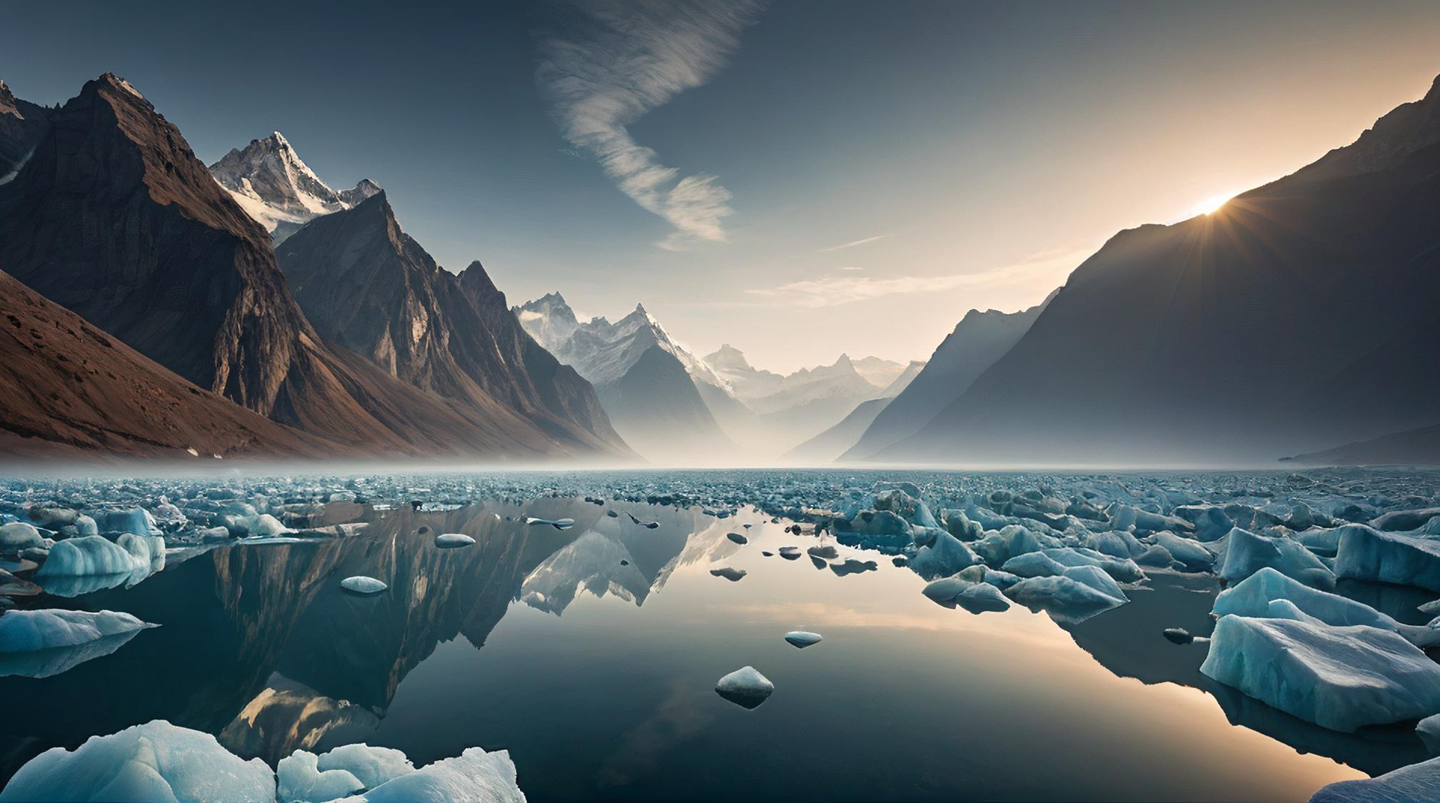 photograph, landscape of a Ayodhya and Glacial fjord, Vile, Hazy conditions