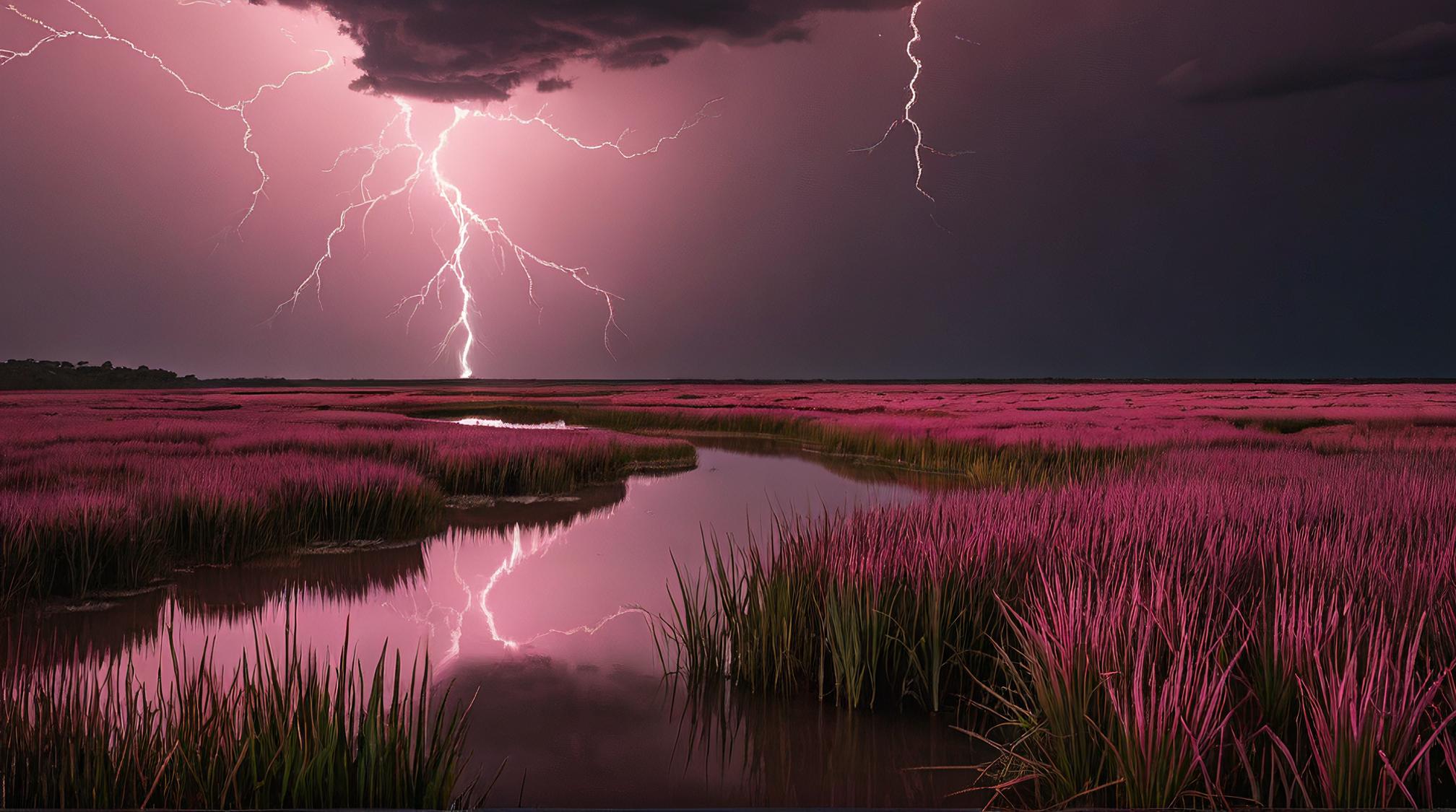 dark pink theme , landscape of a Salt Marsh, mundane, Thunderstorm