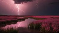 dark pink theme , landscape of a Salt Marsh, mundane, Thunderstorm