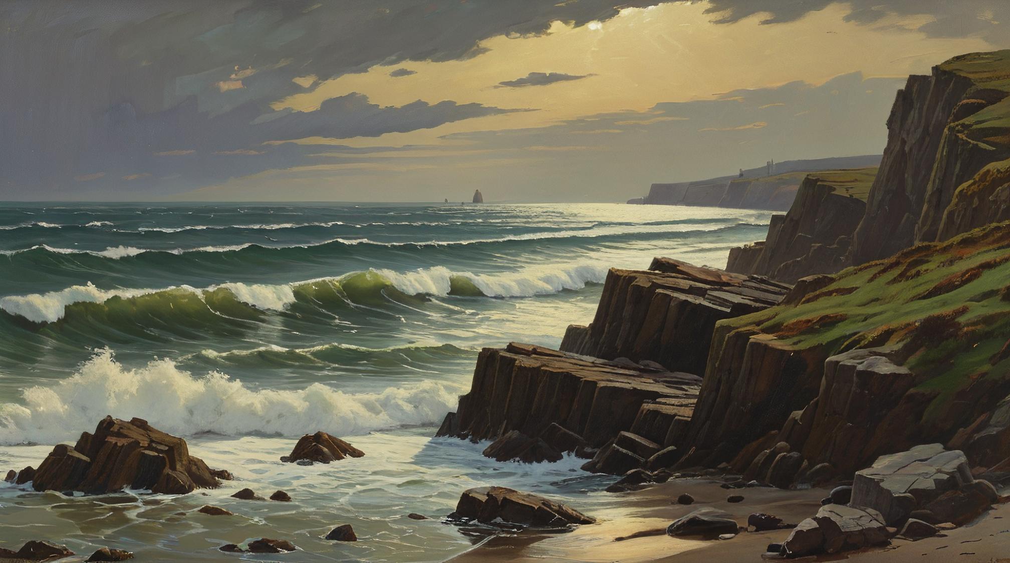 painting, Creepy seascape, deep focus, precision cut