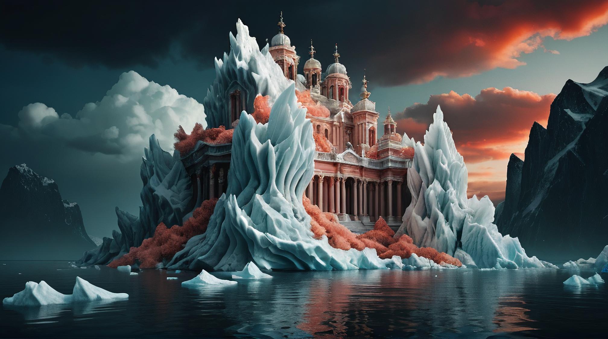 landscape of a Baroque White and Coral Iceberg, behance, moody, magical atmosphere