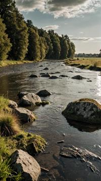 photograph, landscape of a S Rocky Shoreline Floodplain , in a Lord of the Rings setting sharp and in focus, compact camera
