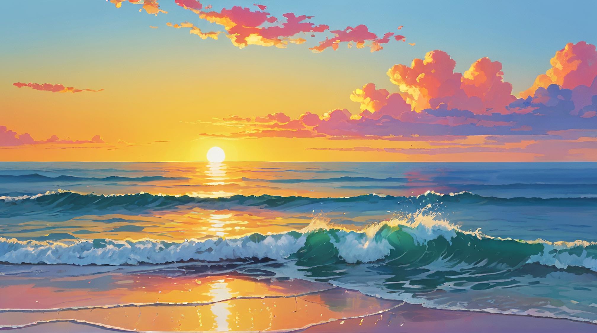 painting, knee level shot of a seascape, very elegant, at Sunrise