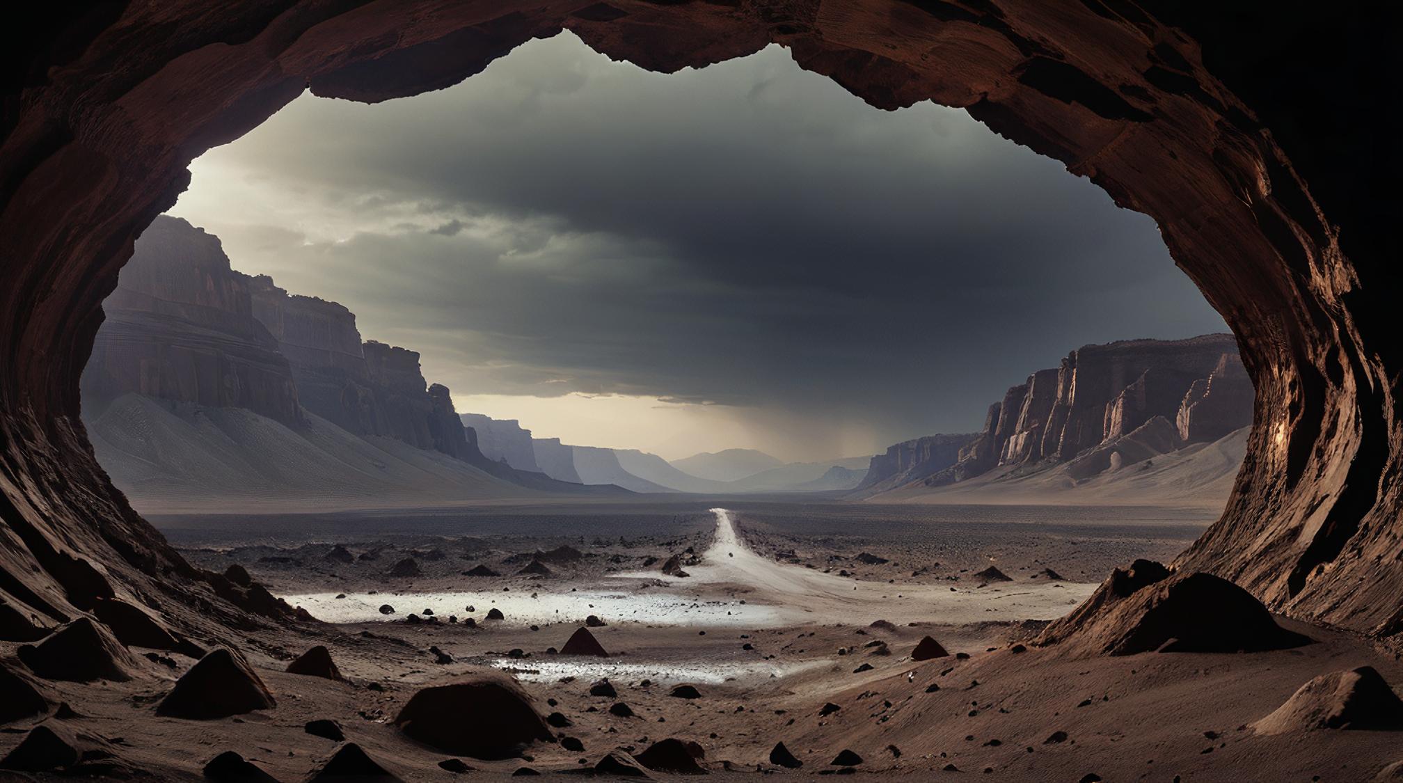 landscape of a Desert from inside of a Asteroid belt mining operation, Ruined, Snowing, stylized by Brooke Shaden