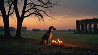 by William Wegman, photograph, landscape of a Ruined Pondicherry and Maple grove, background
