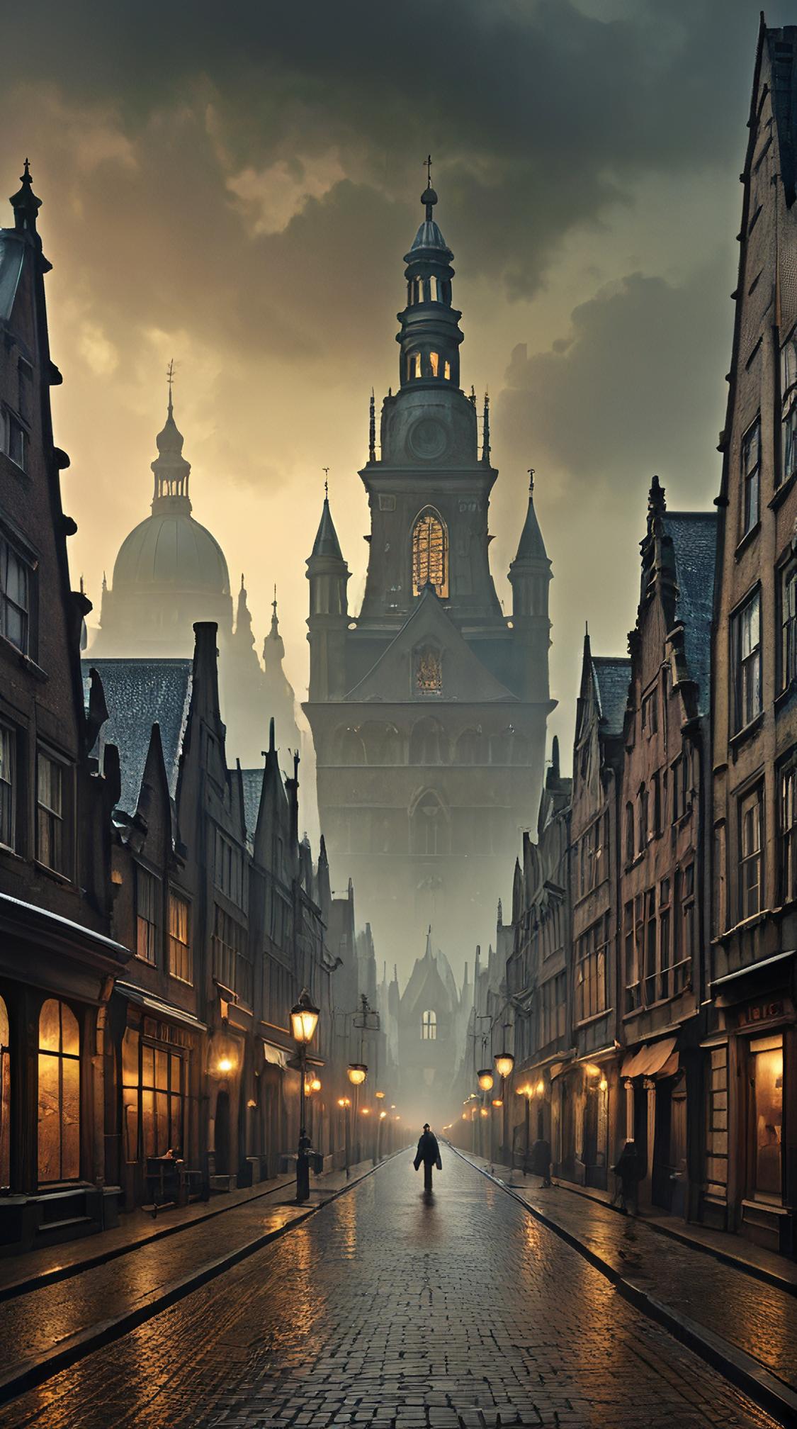 landscape of a The Commonwealth , Vampiric, Digital Age city street and Pulsar in background, Foggy conditions