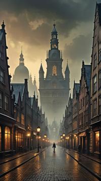 landscape of a The Commonwealth , Vampiric, Digital Age city street and Pulsar in background, Foggy conditions