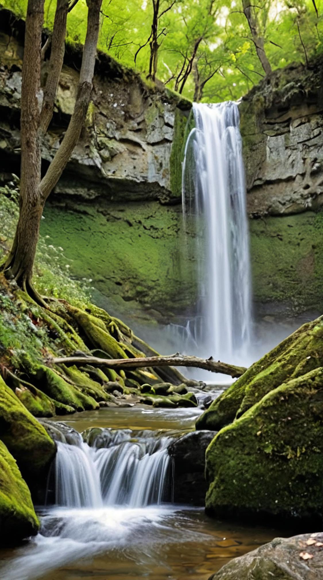 photograph, landscape of a Sparse Mystic Waterfall , Olive woods, art by Jim Holland