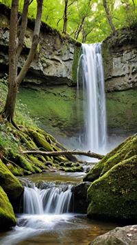 photograph, landscape of a Sparse Mystic Waterfall , Olive woods, art by Jim Holland