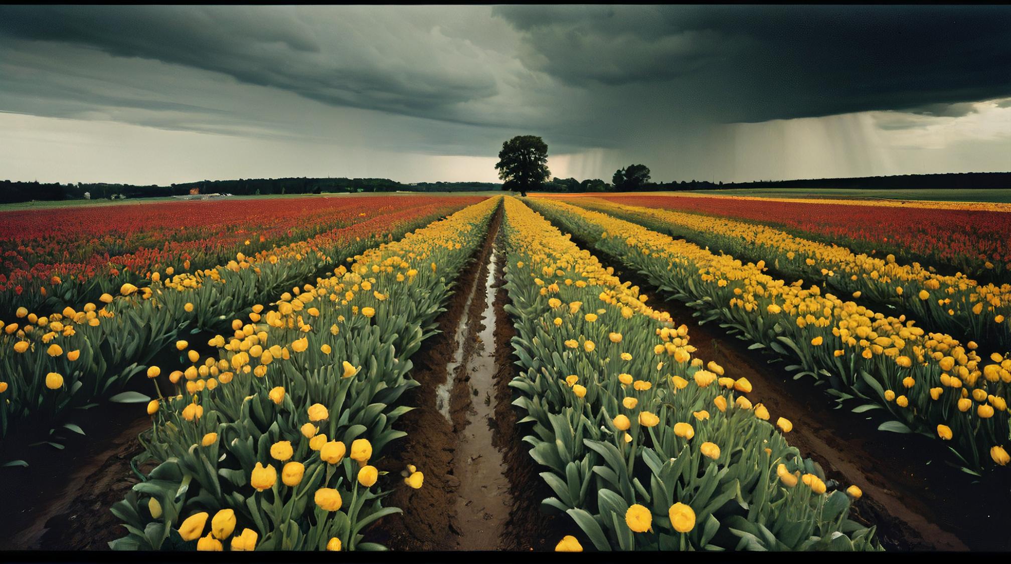 photograph, landscape of a Moist Stockholm , flower field, Stormy weather