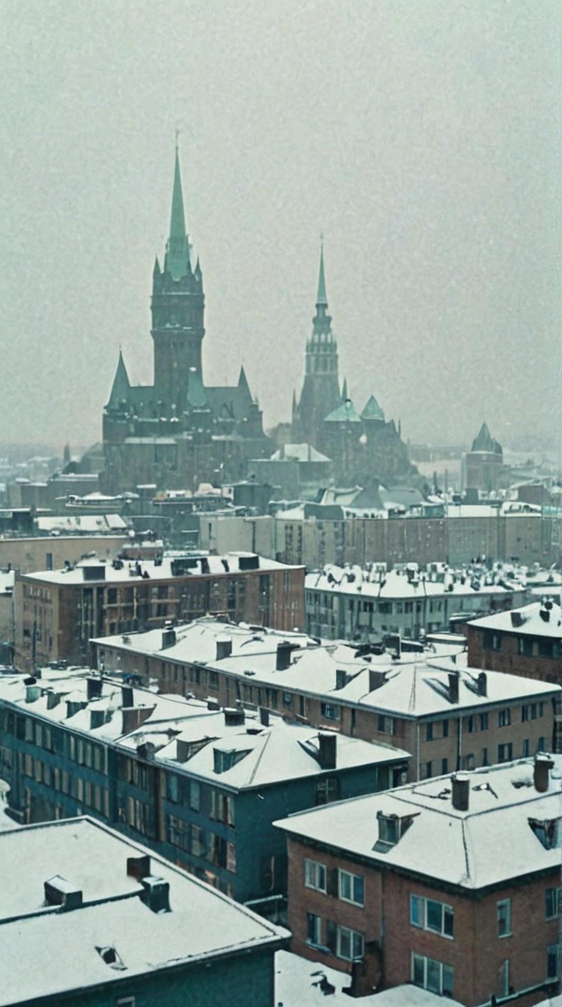 by Artem Chebokha and Pat Steir , photograph, landscape of a Alien Quebec City from inside of a Cyberpunk skyline, Snowy
