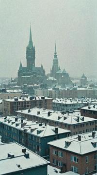 by Artem Chebokha and Pat Steir , photograph, landscape of a Alien Quebec City from inside of a Cyberpunk skyline, Snowy