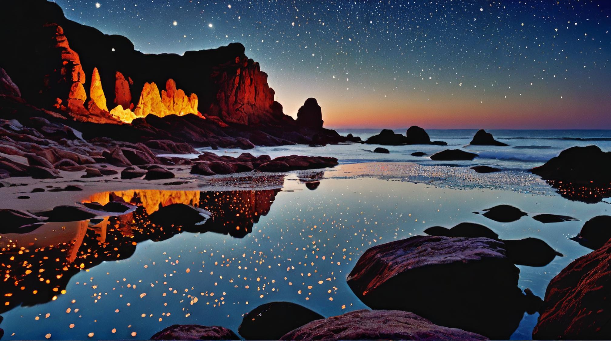 landscape of a Enchanted Rocky Shoreline and Pictorial Cancer constellation, Movie still, mm, Primary Colors