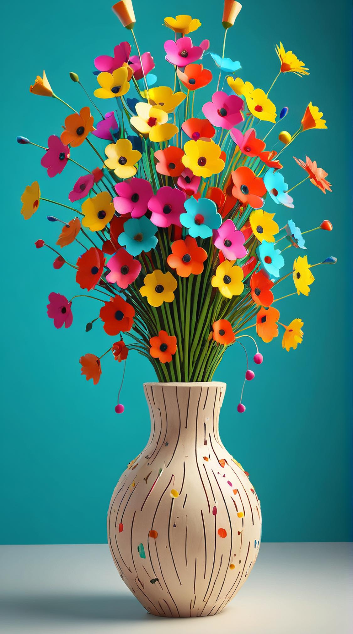 graphic design art by Kurzgesagt and Dan Matutina, vibrant art, Conscious Pots with flowers , made from Birch tree