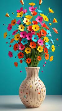 graphic design art by Kurzgesagt and Dan Matutina, vibrant art, Conscious Pots with flowers , made from Birch tree