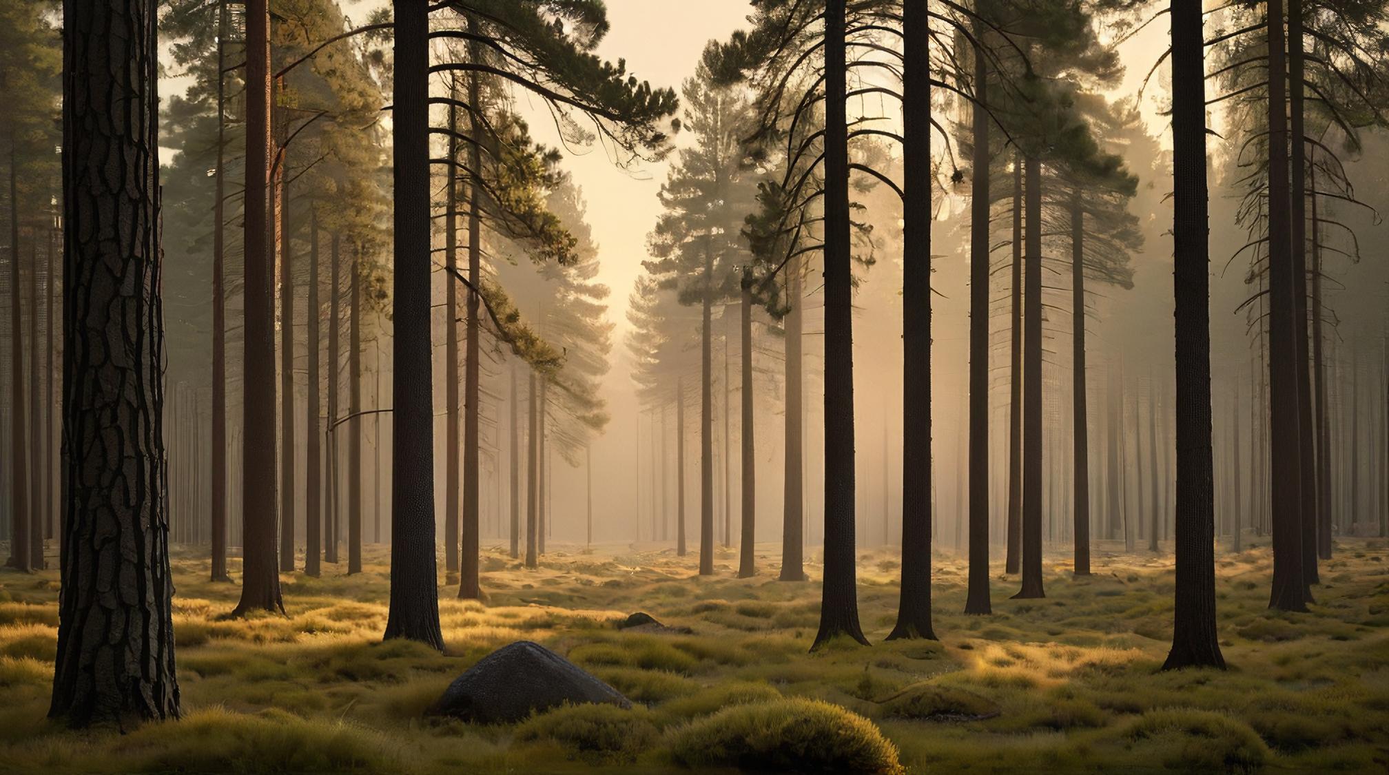 designed by Jerry Schatzberg and Nadav Kander, landscape of a Ponderosa Pine Forest, Fairy Tale, volumetric lighting