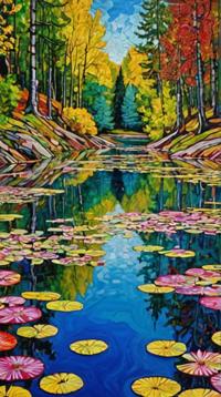 stylized by Jean Dubuffet and Pol Ledent, photograph, landscape of a Impeccable Enchanted Lake of the Water Nymphs, eco friendly